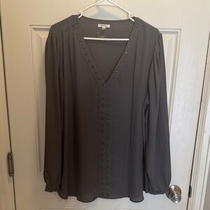 Maurices Charcoal Gray V-Neck Stud-Trim sheer Blouse